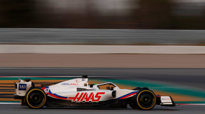 Haas driver Mick Schumacher of Germany steers his car during a Formula One preseason testing session at the Catalunya racetrack in Montmelo, just outside of Barcelona, Spain.